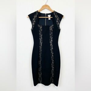 Cache Black Cap Sleeve Lace Trim Square Neck Midi Cocktail Dress